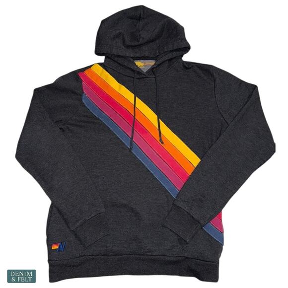 Aviator Nation Charcoal Rainbow 5 Stripe Hoodie Pullover Heritage Streetwear - Picture 5 of 12